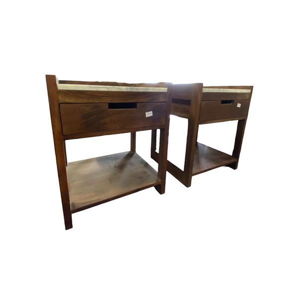 Set of 2 - Brown Wooden Nightstand with Faux Marble Top, H21.5" x W17.5" x D16" Each