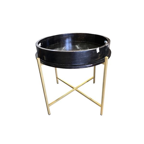 Black Round Wooden Tray-Top Side Table, H23" x Dia 22"