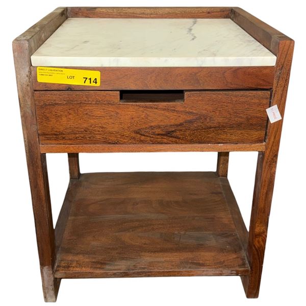 Brown Wooden Nightstand with Faux Marble Top, H21.5" x W17.5" x D16"