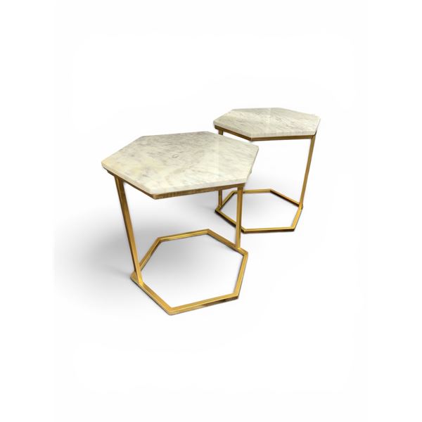 Set of 2 - White Faux Marble Hexagonal Side Tables, H18" x 18" Each