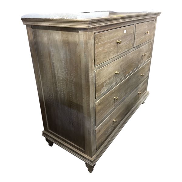 Light Brown Weathered Wood 5-Drawer Dresser, H43" x W50" x D21" -  right top corner chipped