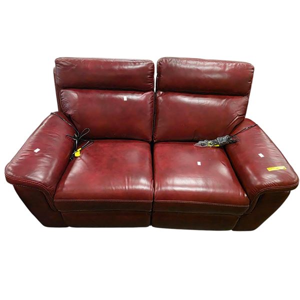 New Deep Burgundy Red Leather Reclining Loveseat, W64"