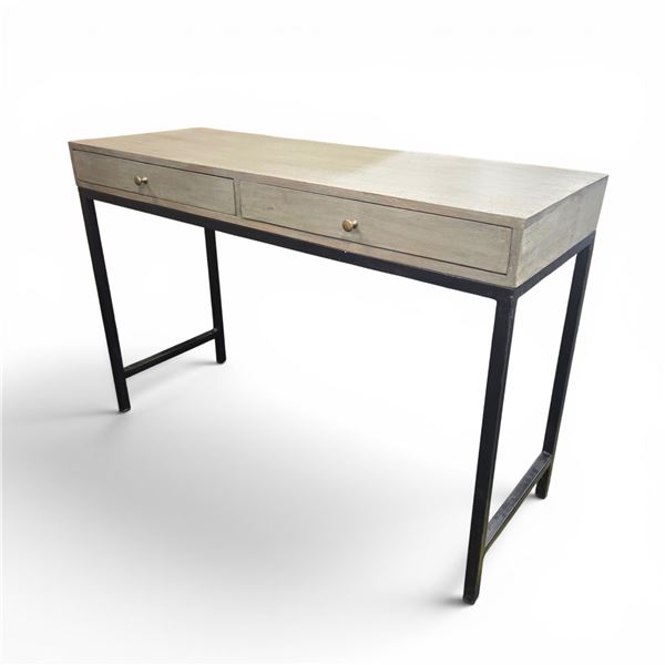 Grey Oak & Black Iron Writing Desk with Dual Drawers (46.5x17x31)