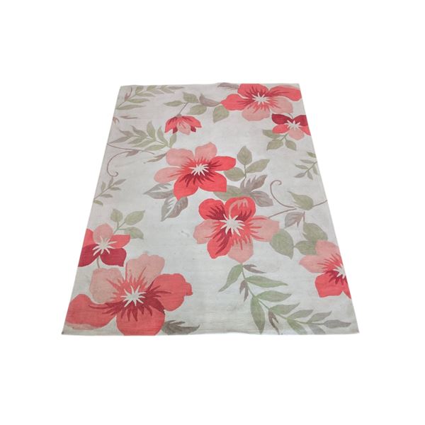 Large Floral Motif Area Rug in Coral Pink & Sage Green - Approx 8 x 10ft
