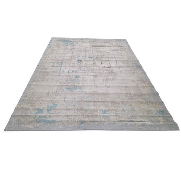 Safir Turkish Rug - Modern Distressed Abstract Area Rug in Beige & Turquoise Blue - Approx 8 x 10.5 