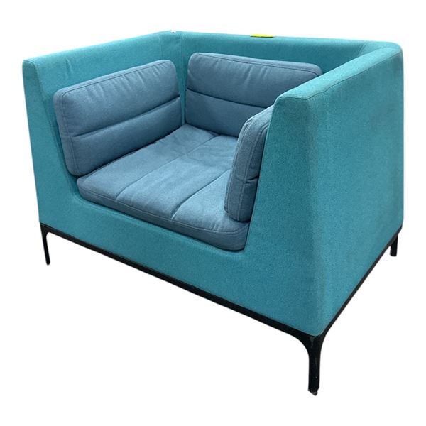 Modern Two-Tone Teal and Blue Armchair with Slim Black Wooden Legs