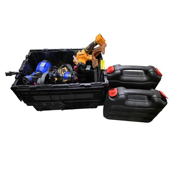 Tote with assorted tools & misc.