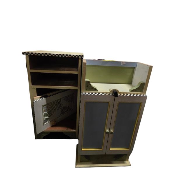 Children's Pastel Wood Vanity and Storage Cabinet Set with Checkerboard Trim