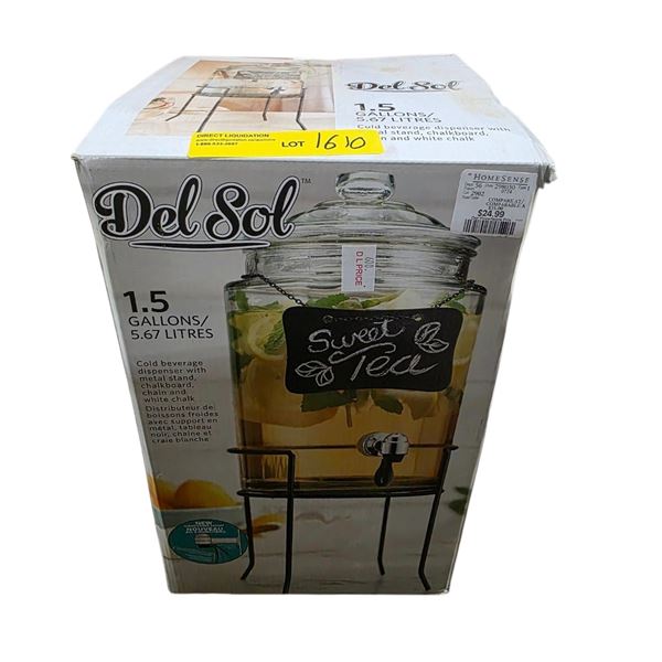 Del Sol 1.5 Gallon Glass Beverage Dispenser with Metal Stand