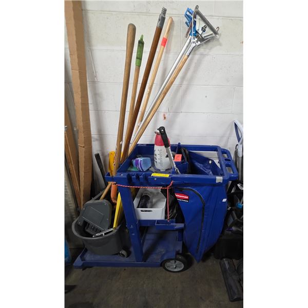Rubbermaid Commercial Mobile Janitorial Cleaning Cart with Mops, Brooms, and Supplies