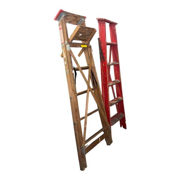 Vintage Wooden Extension and Step Ladders - 2 Pcs