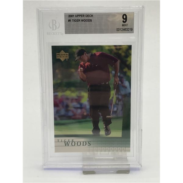 2001 UPPER DECK #1 TIGER WOODS TRADING CARD - BECKETT GRADE 9
