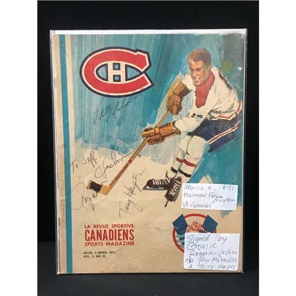 MARCH 4TH 1971 MONTREAL FORUM PROGRAM VS CANUCKS SIGNED BY 3: VACHON, MAHAVOLICH & HARPER