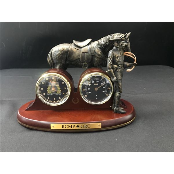 ROYAL CANADIAN MOUNTED POLICE DESK CLOCK AND THERMOMETER WITH COA