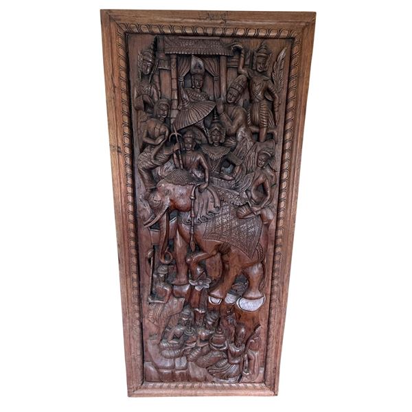 Large hand carved solid wood elephant left facing and royal Procession Wall Art, H78" x W34"
