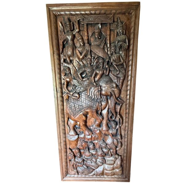 Large hand carved solid wood elephant right facing and royal Procession Wall Art, H78" x W34"
