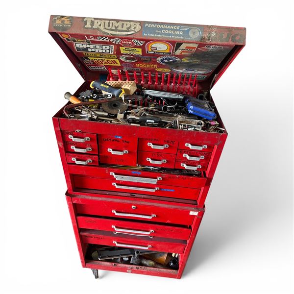 Red Double Rolling Mechanic's Tool Chest with Assortment of Wrenches & Hand Tools.