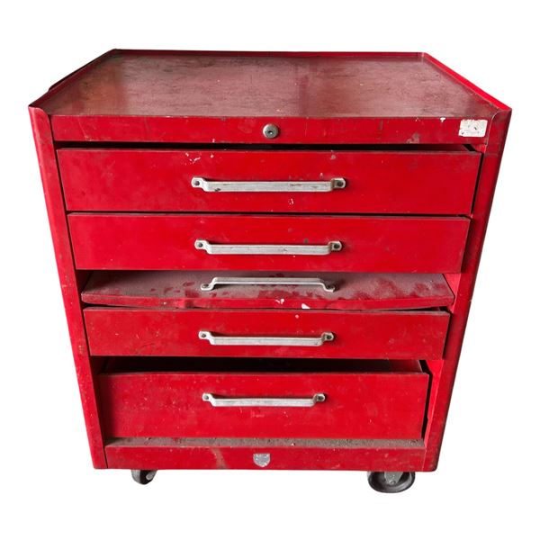Red Rolling Tool with multiple drawers & asorted contents