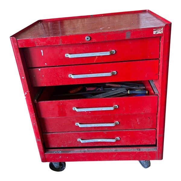 Red Rolling Tool with multiple drawers & asorted contents