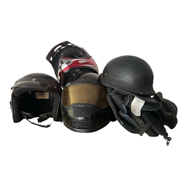 Group of full face & half helments with riding gear accessories
