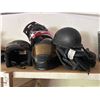 Image 3 : Group of full face & half helments with riding gear accessories