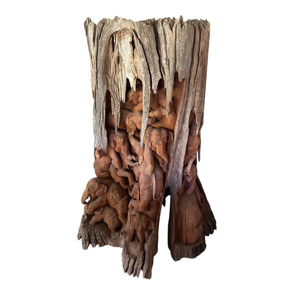 Large hand carved elephant sculpture from natural tree trunk-58"