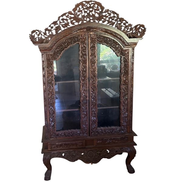 Ornately hand carved wooden display cabinet-79"x47"x16"