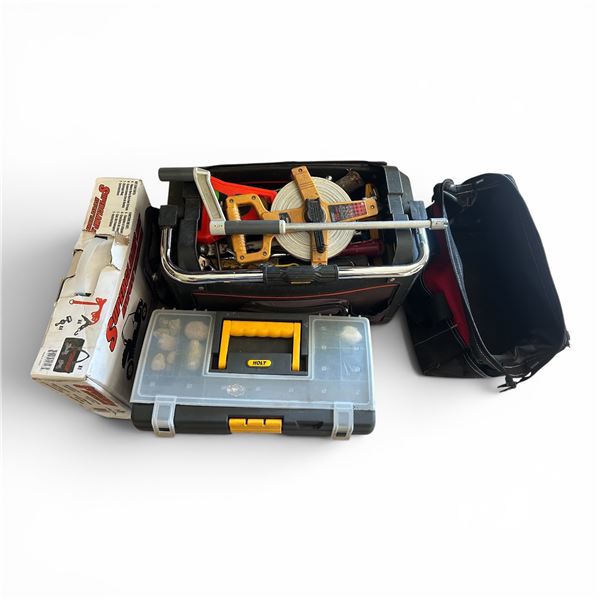 Group of Assorted Stanley&Huskey tool bags,Measing tap,Toolbox& Accessories