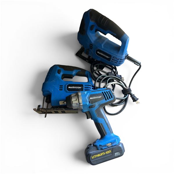 Group of 3- Mastercraft Electric JIgsaws & Cordless impact drill with a battery