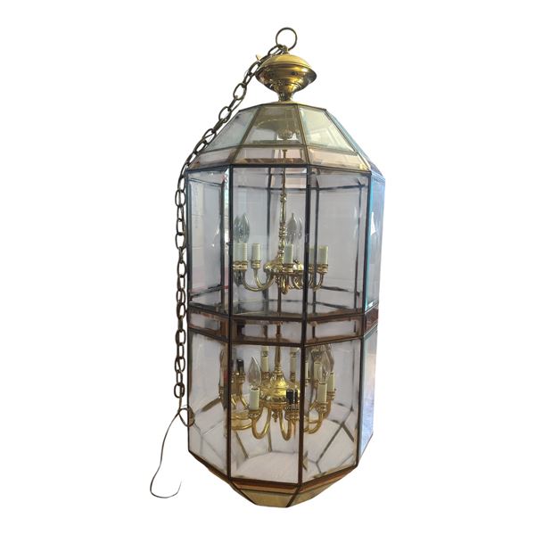 Large Brass & Glass Hanging Lantern Chandelier