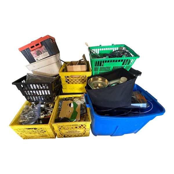 Multi-Bin Lot of Electrical Cords, Brass Fittings, Hardware, and Storage Tubs