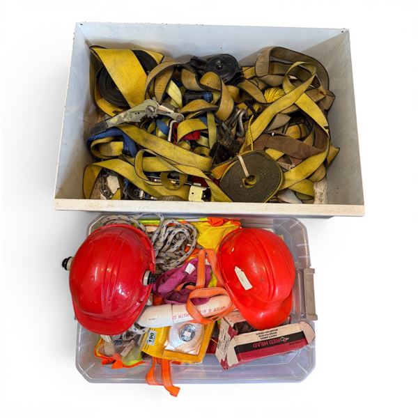 Group of Safety Equipment - Hard Hats, Safety Harness, Straps, and More