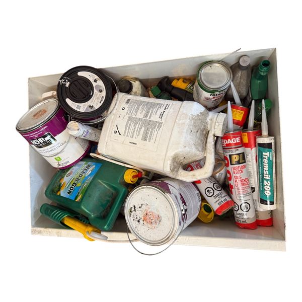 Assorted Garden Chemicals, Paint, And Adhesive Caulking