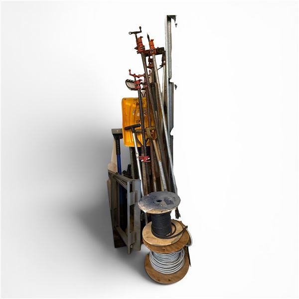 Assorted Pipe Clamps, Snow Shovel, and Electrical Cable Reels
