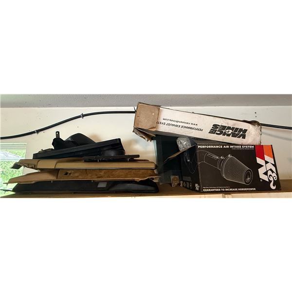 Group of Vehicle Performance Upgrade Parts - K&N Air Intake System, Vance & Hines Exhaust Box, and T
