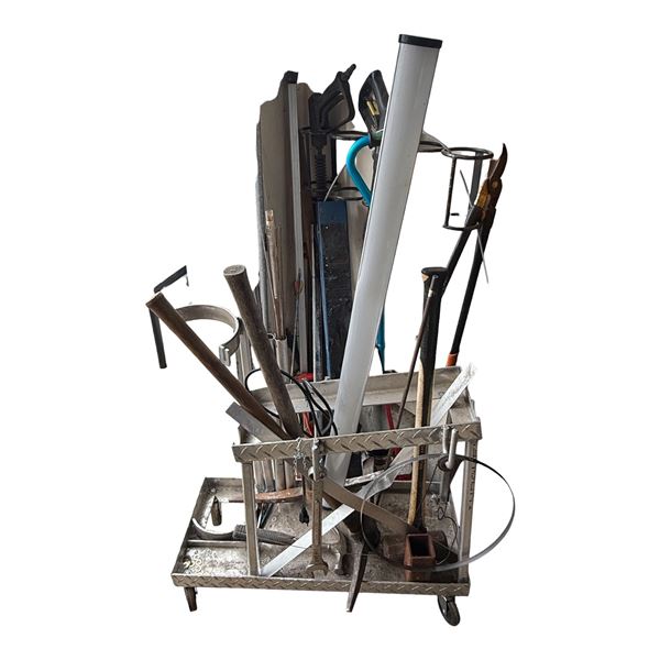 Group of Handled Hand Tools, Metal Scrap, And Pressure Washer Wands on Metal Cart