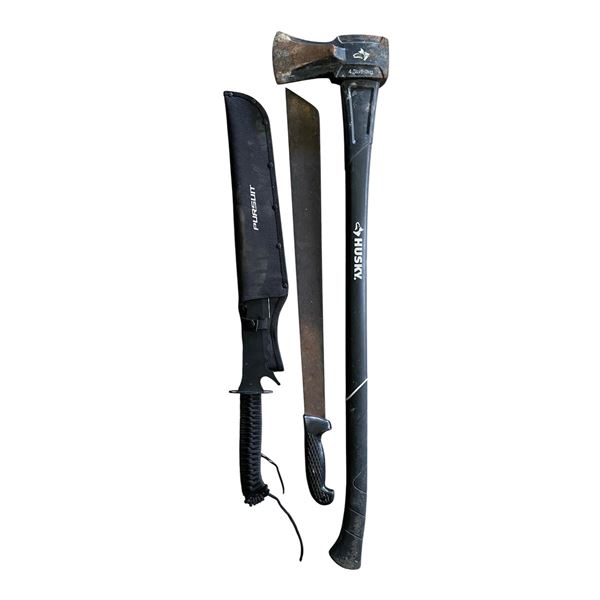 3-Pcs Lot: Husky Splitting Axe, Machete, Pursuit Tactical Knife