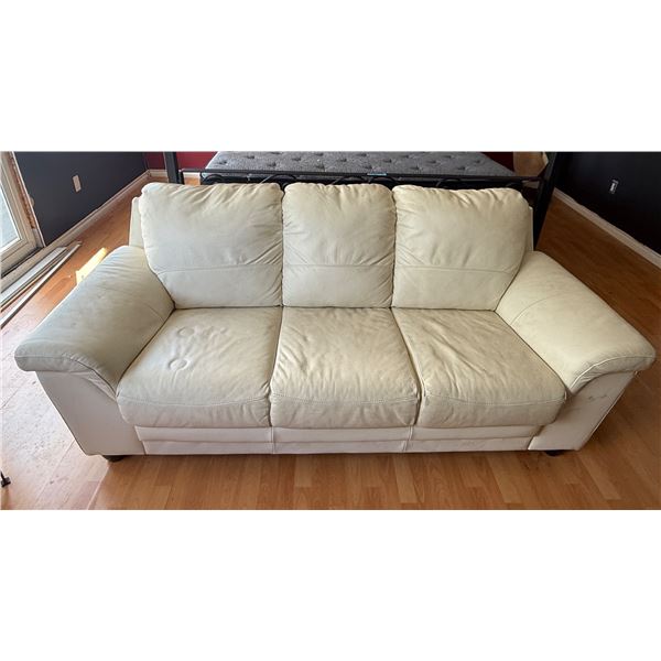 White Leather 3-Seater Sofa, W80" - some wear and marks