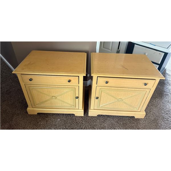 Pair of Light Brown Wooden Nightstands, W26" Each - some wear