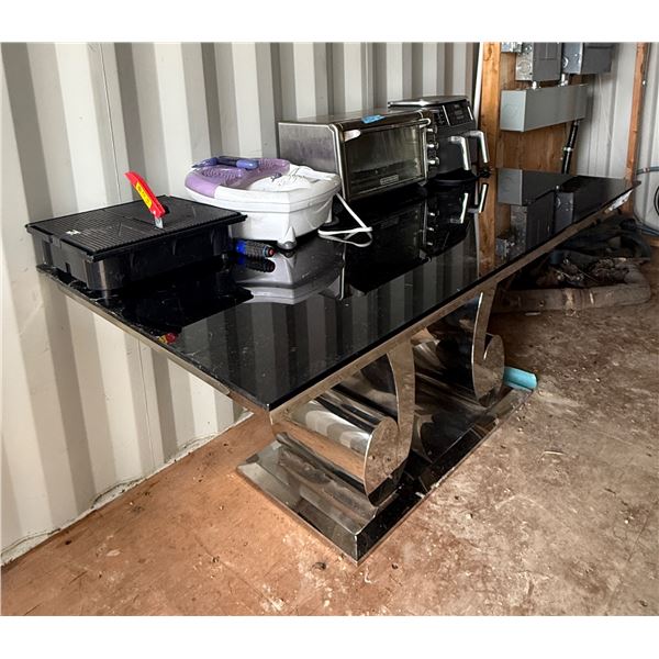 Modern Glass Top console table with steel curved base