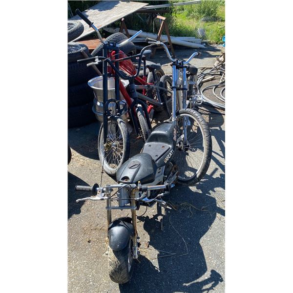 Mini Gas-Powered Pocket Motorcycle and 3 Bicycles - Damaged Condition for Scrap or Parts
