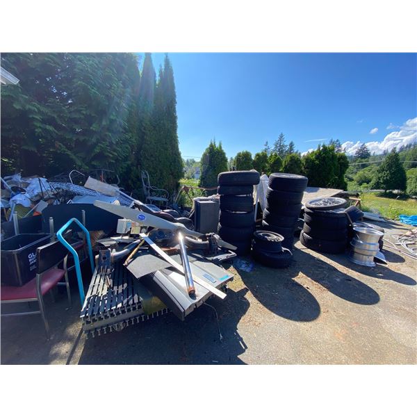 Large Group of Auto Wheel and Tire - Parts, Metal Grates, Welder Control, and Assorted Gas Cylinders