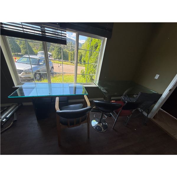 60" Glass Table, 5 Assorted Style Chairs, and Thick Glass Top with Lower Shelf