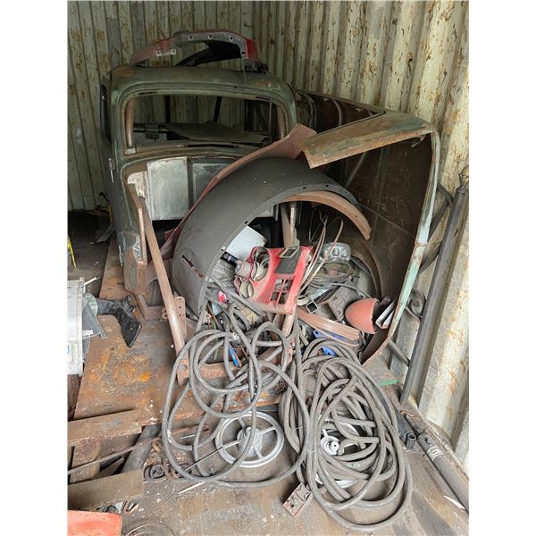Vintage Green Painted Truck Cab Shell with Assorted Parts and Wiring
