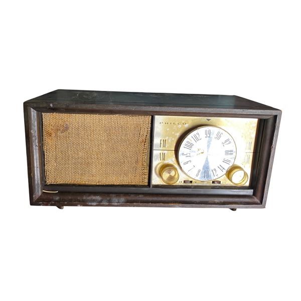 Philco Vintage AM/FM Table Radio with Burlap Grille and Wood Cabinet