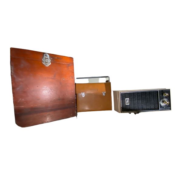 Mixed Lot x3: Wooden Case, Philips Leather Portable, Tabletop Radio