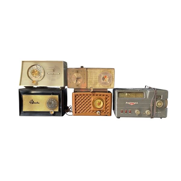 Mixed x5: GE Clock Radio, Walnut Tube Radio, National Shortwave, RCA Signal Generator + 1 more