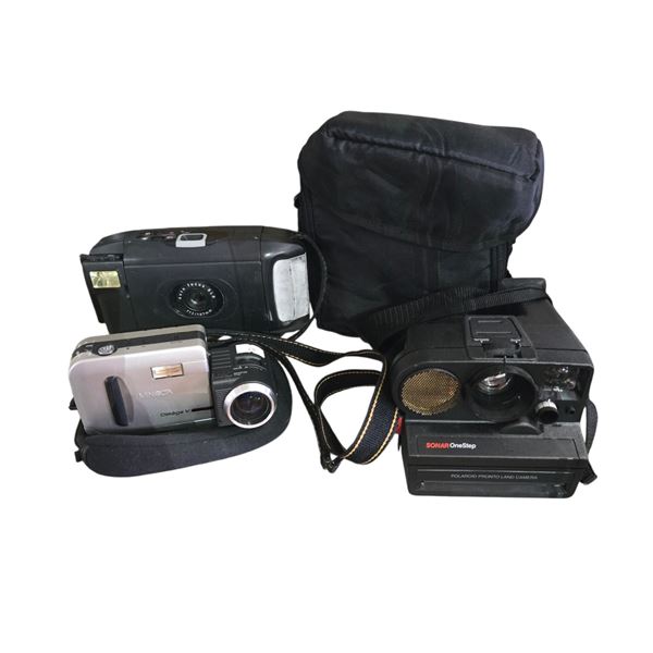 Group of Minolta Dimage V + Polaroid Sonar OneStep + Auto Focus SLR + Case, Etc.