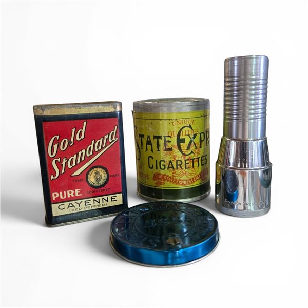 Group of Misc - Antique tins + vintage microscope