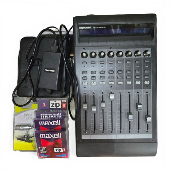 Mackie digital mixer + Maxell Zip disk + mic clip